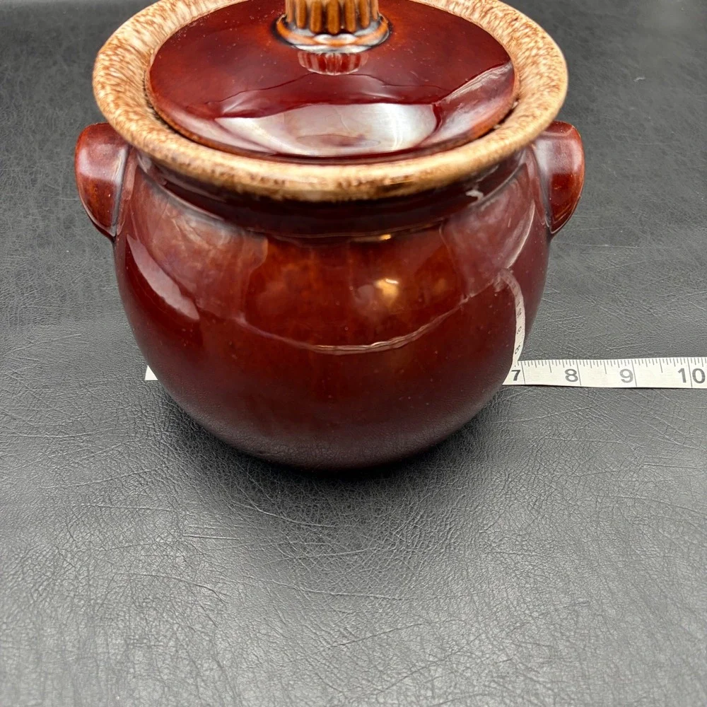 Vintage Hull Pottery Mirror Brown Drip Glaze Bean Pot with Lid Oven Proof USA